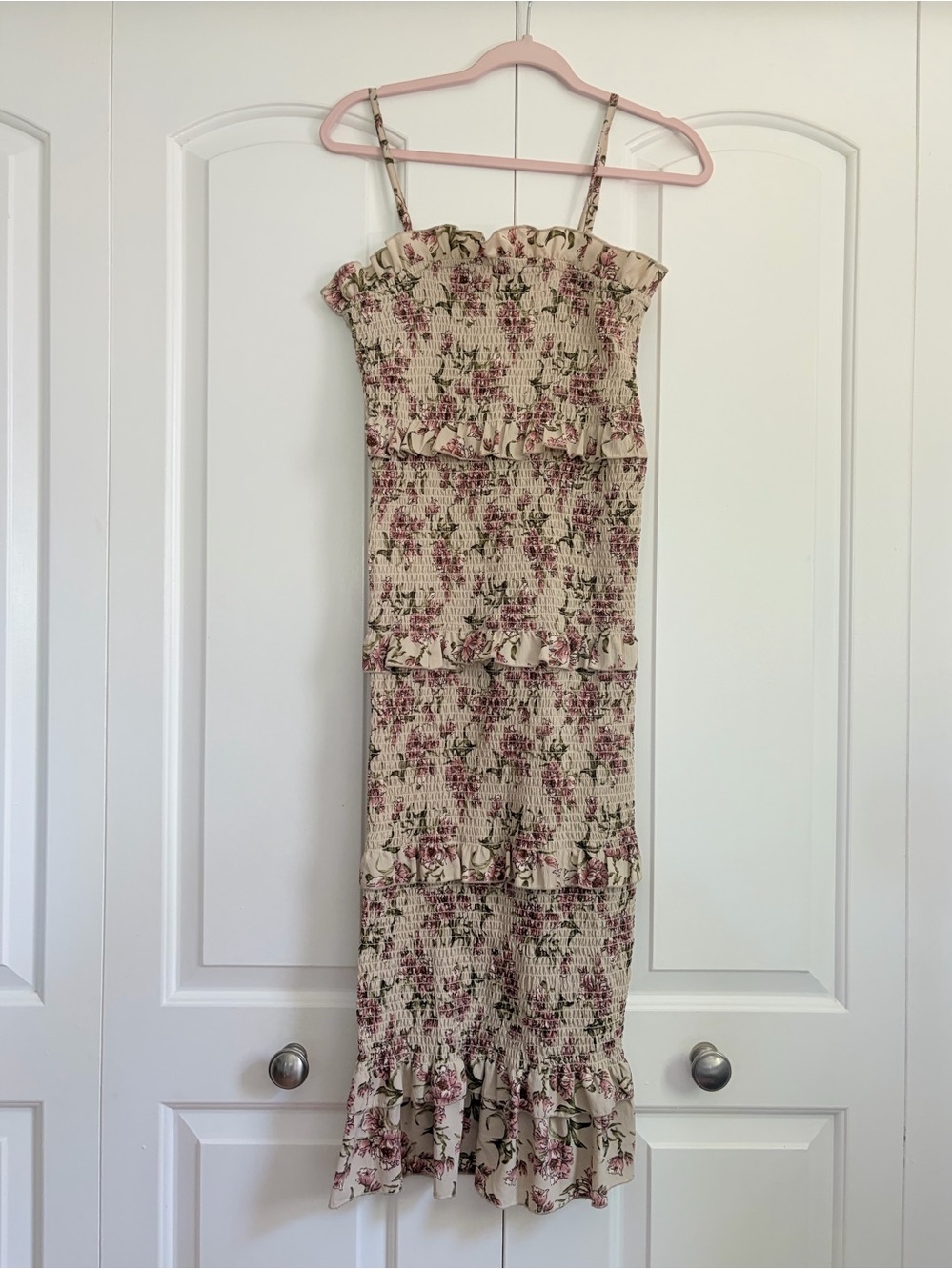 Frille Rose Floral Smocked Midi Dress Pink Cottagecore Romantic Ruffle M